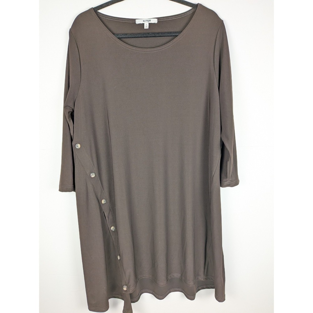 SYMPLI LAGENLOOK BROWN QUEST ANGLE TUNIC 3/4 SLEEVES BUTTON DETAIL TOP SZ 16